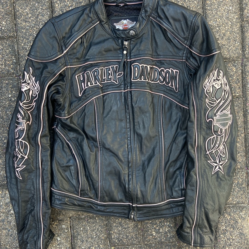Harley-Davidson Black Pink Leather Jacket Pink Flame